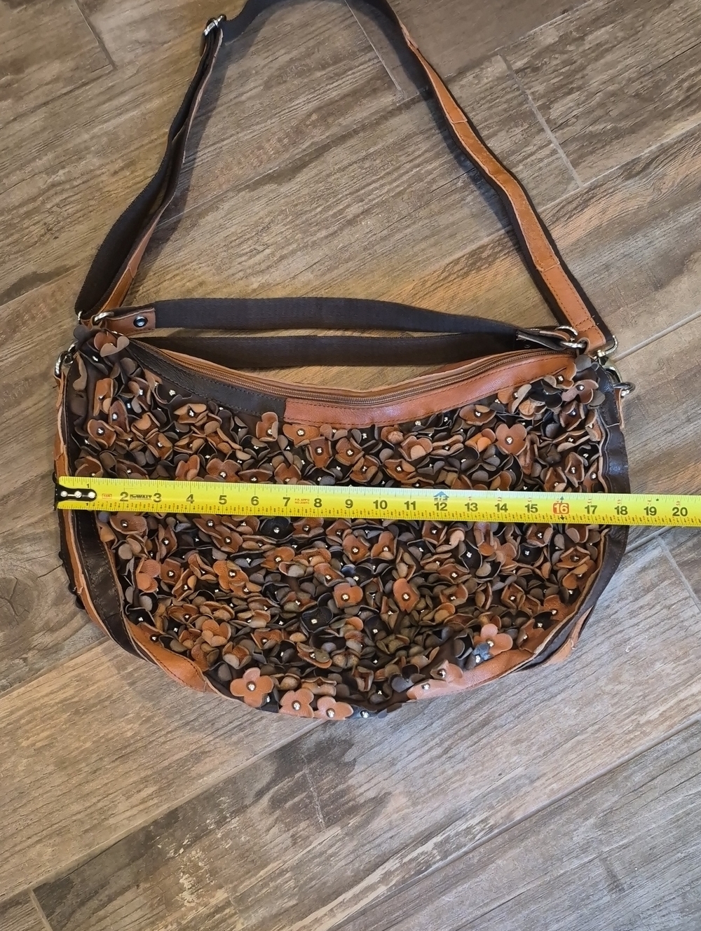 Boho 3D Leather Studded Flower Petal Hobo Crossbody Bag, Double Zipper Closure - Picture 13 of 15